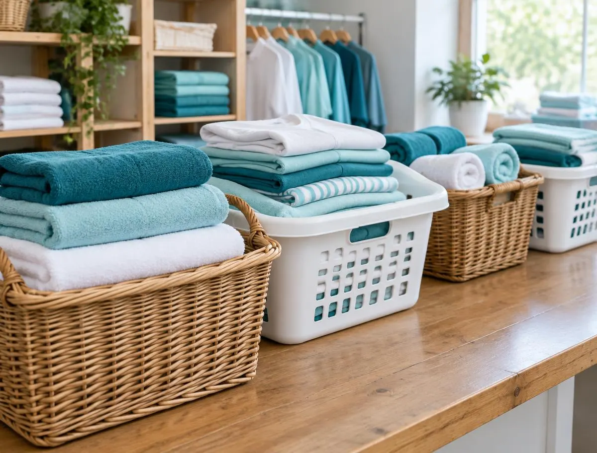 Canastas con toallas y ropa limpia doblada en tonos blancos y azules