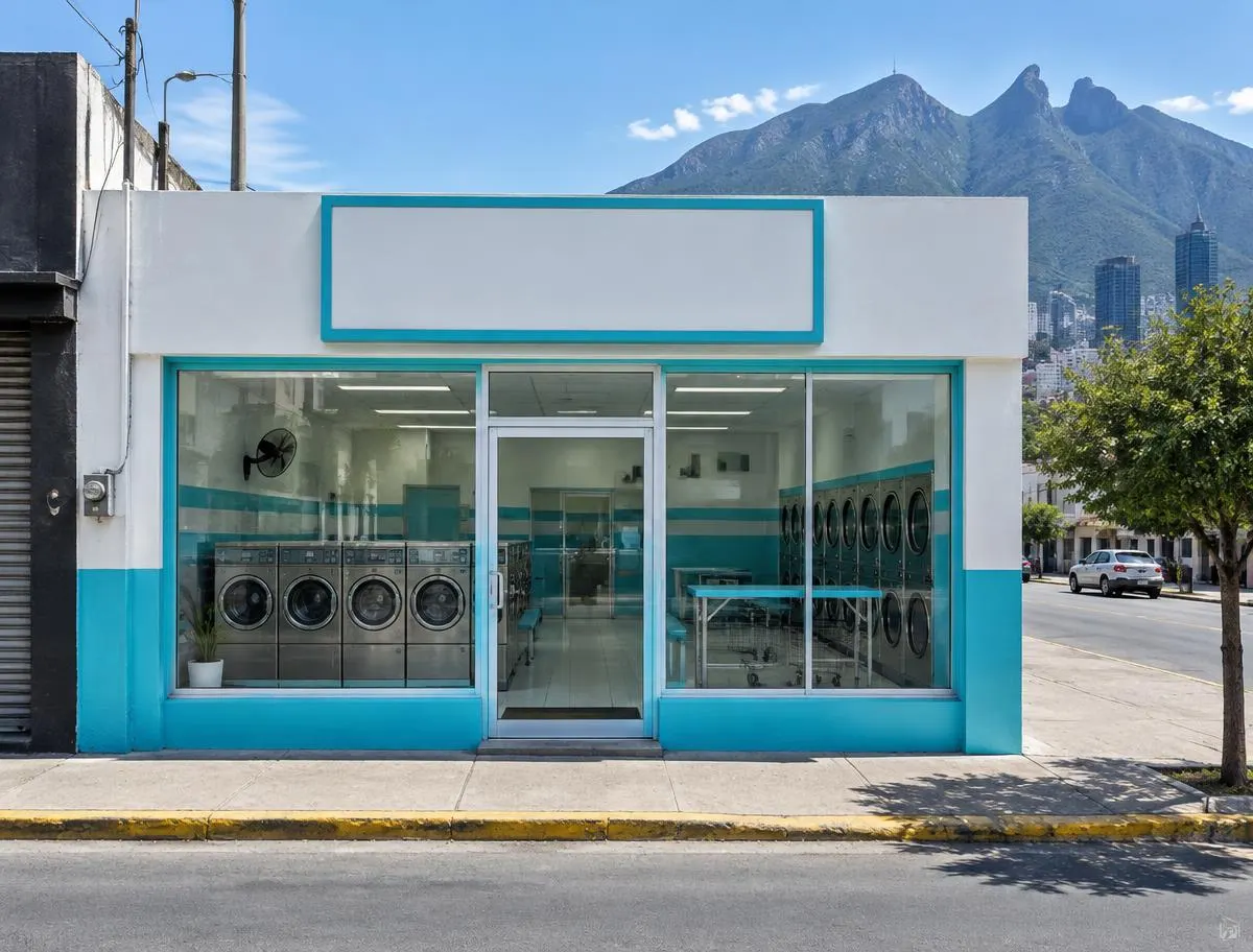 Fachada de lavandería blanca y azul agua con el Cerro de la Silla al fondo