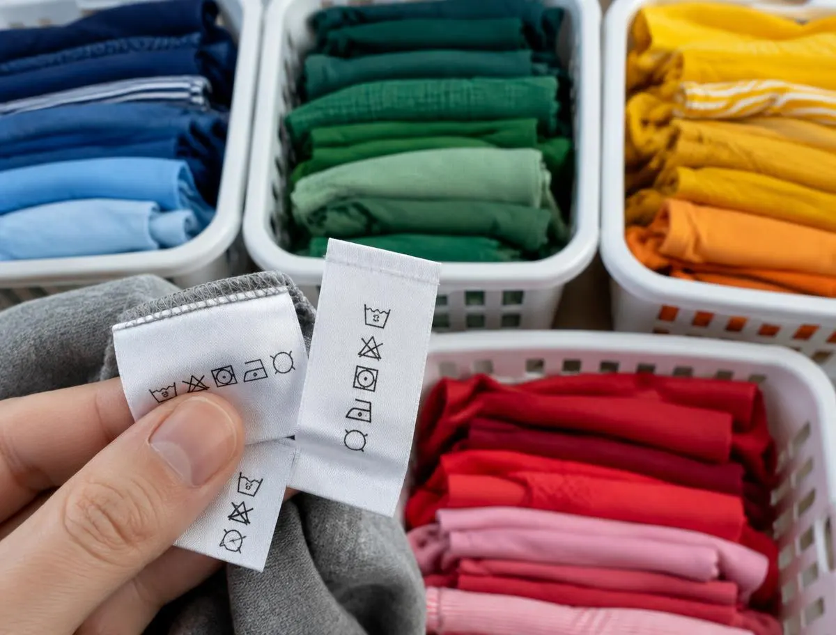 Mano mostrando etiquetas de cuidado frente a ropa separada por colores